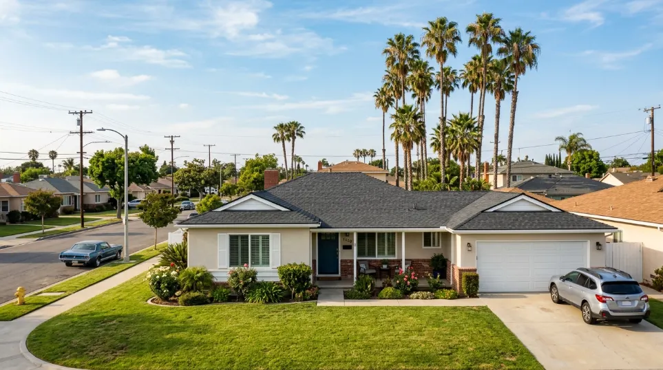 Residential home with shingle roof in Lakewood, California