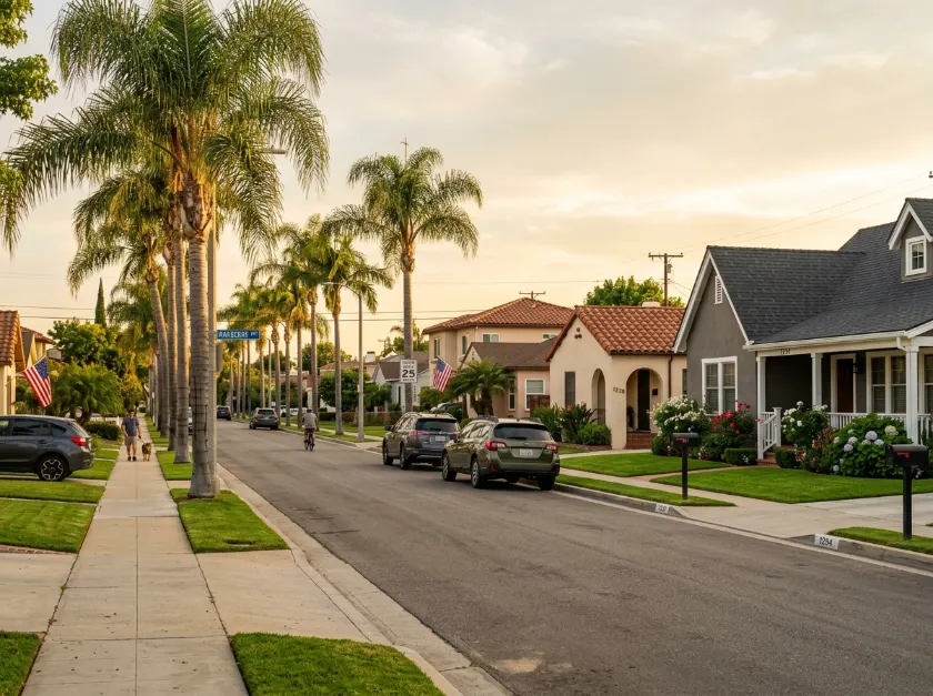 Residential rooftops in Lakewood, California