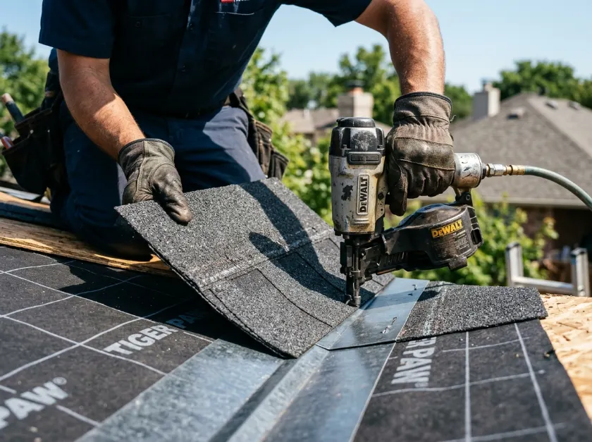 Roof repair technician inspecting shingles and flashing